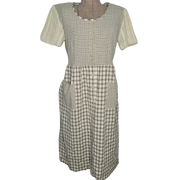 Vintage Dresses & Skirts - Vintage 90's beige and brown plaid button down dress size 12